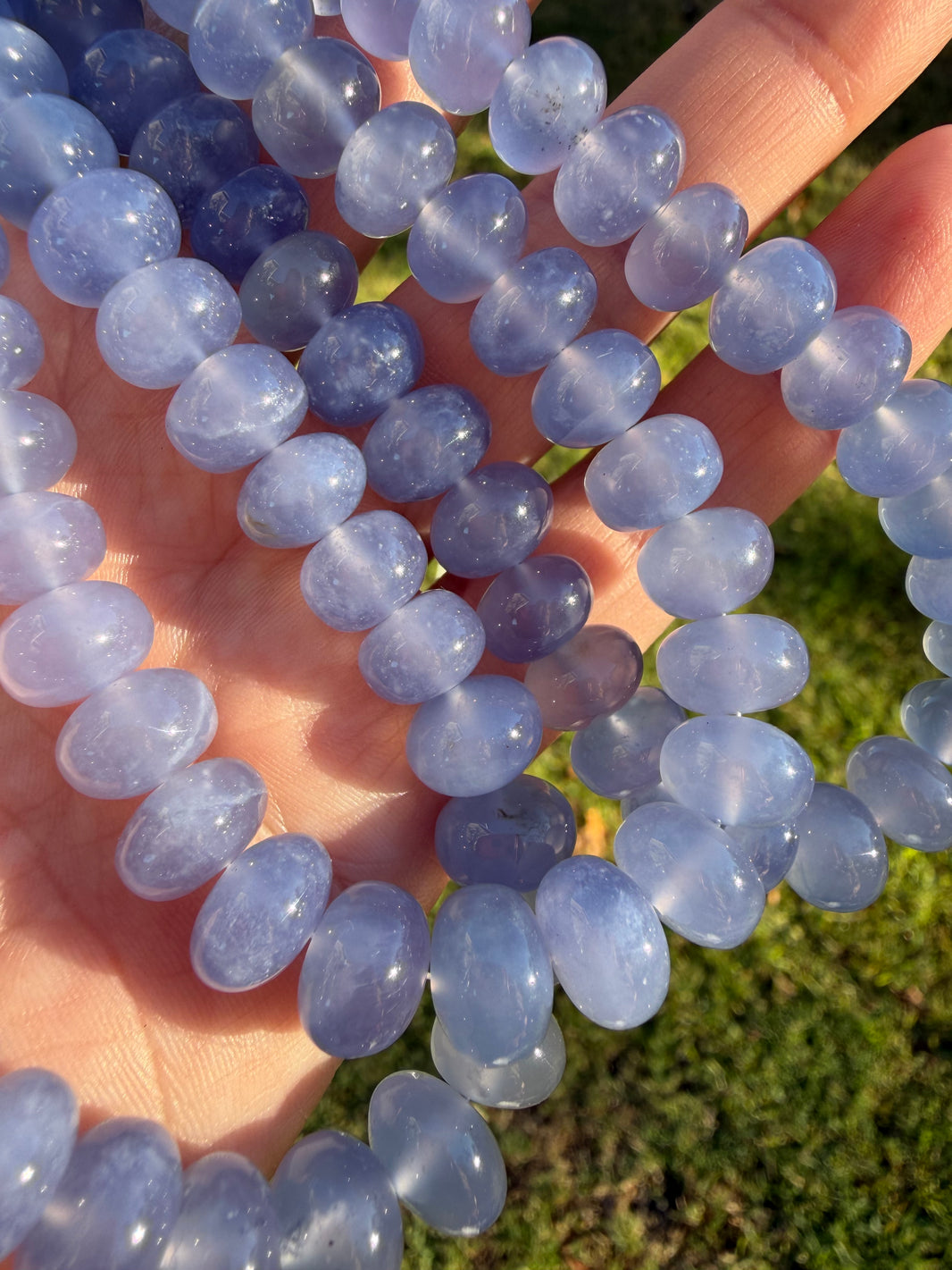 Namibian Blue Chalcedony Strand 14k, Made to Order, a close look at the stones