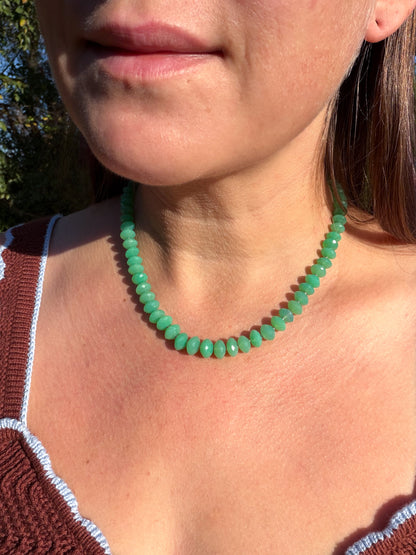 Apple Green Chrysoprase Faceted Saucer Hand Knotted Necklace in 14k Solid Gold