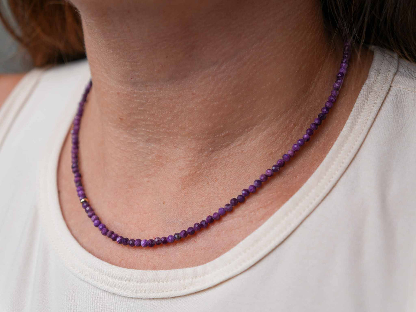 Plum Purple Stichtite Dainty Beaded Necklace 14k