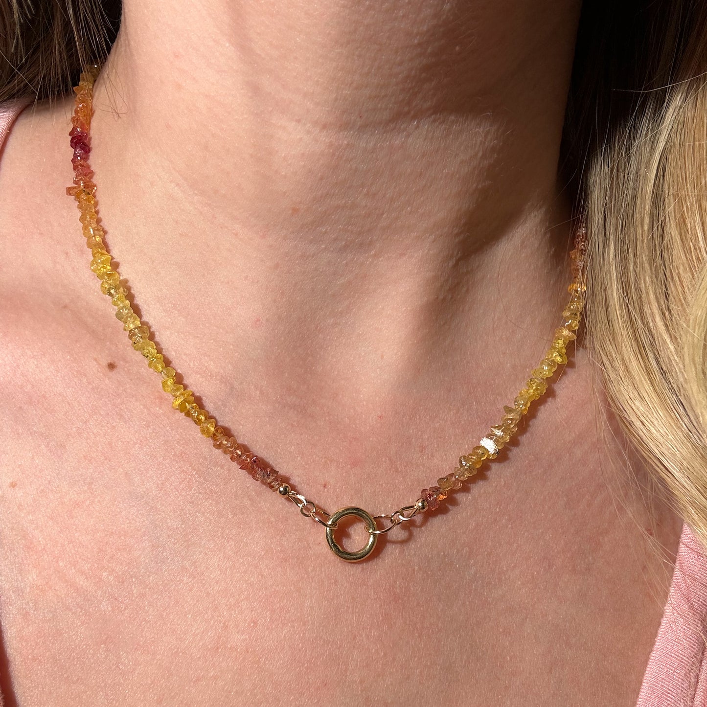 Sunset Serenade | Raw Sapphire Beaded Strand 14k, with 14k hinge clasp (oval)