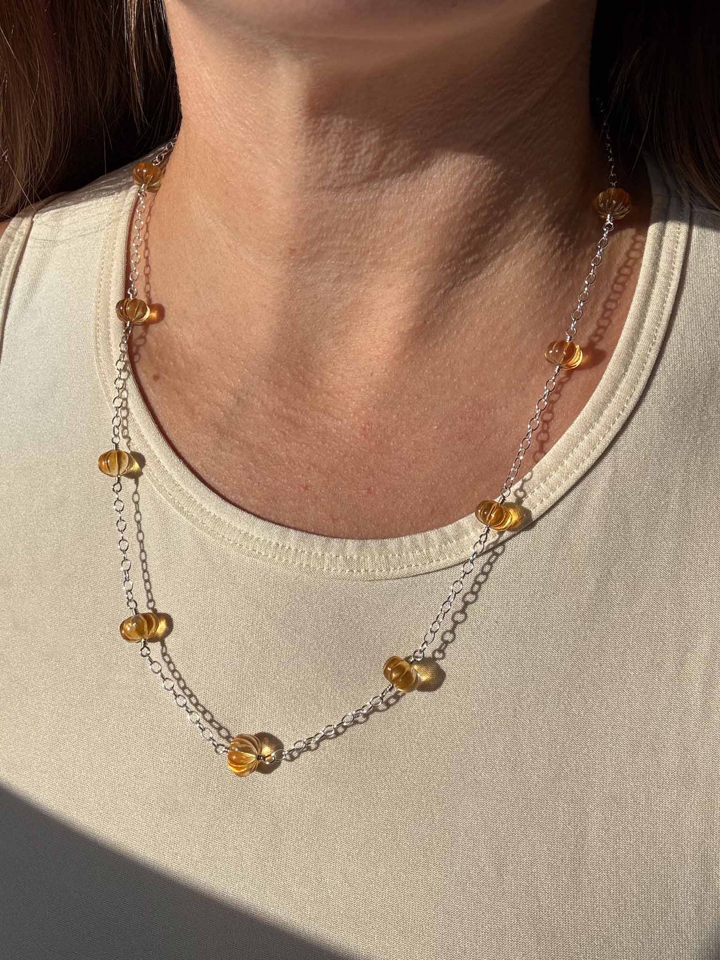 Citrine Pumpkin Layering Necklace, Wire Wrapped
