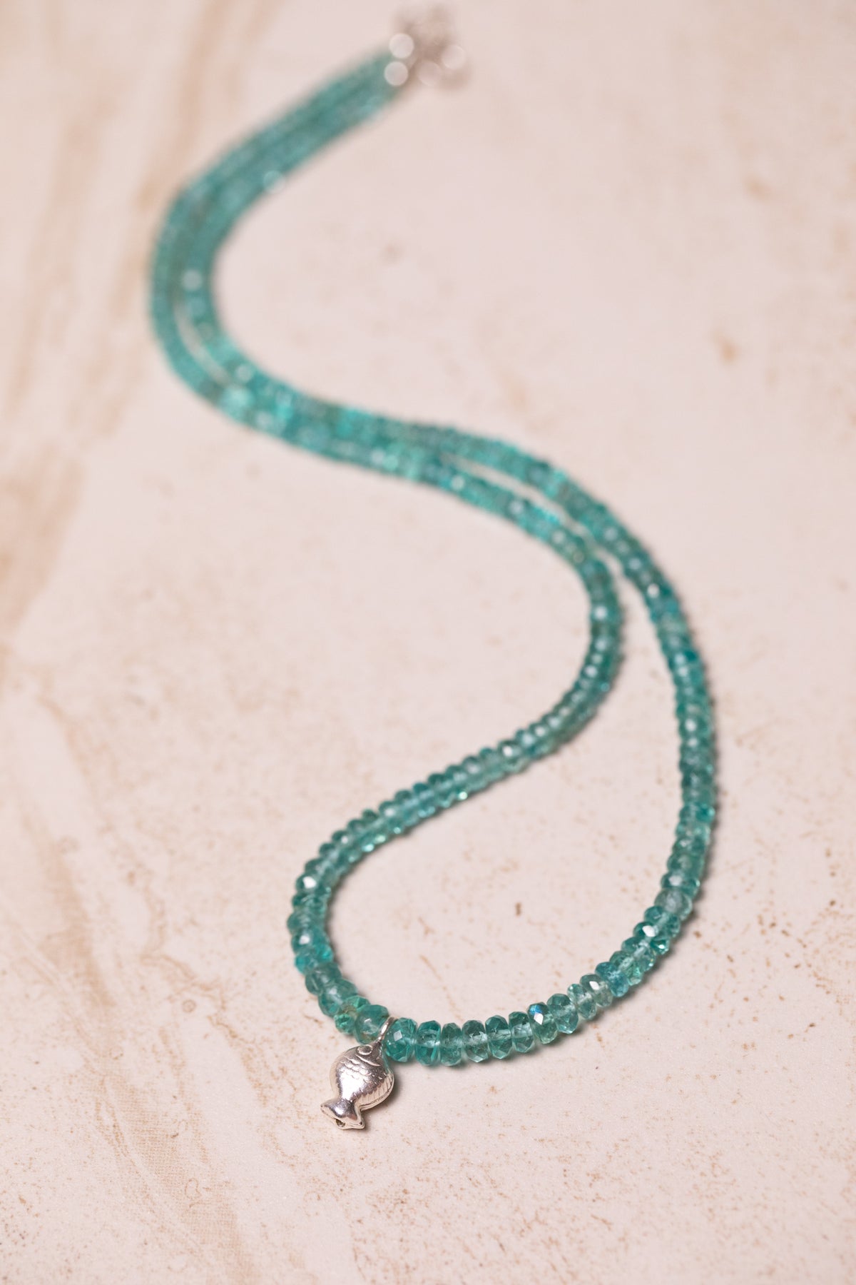 Made to Order: Caribbean Blue Apatite Worry Fish Necklace, Sterling Silver
