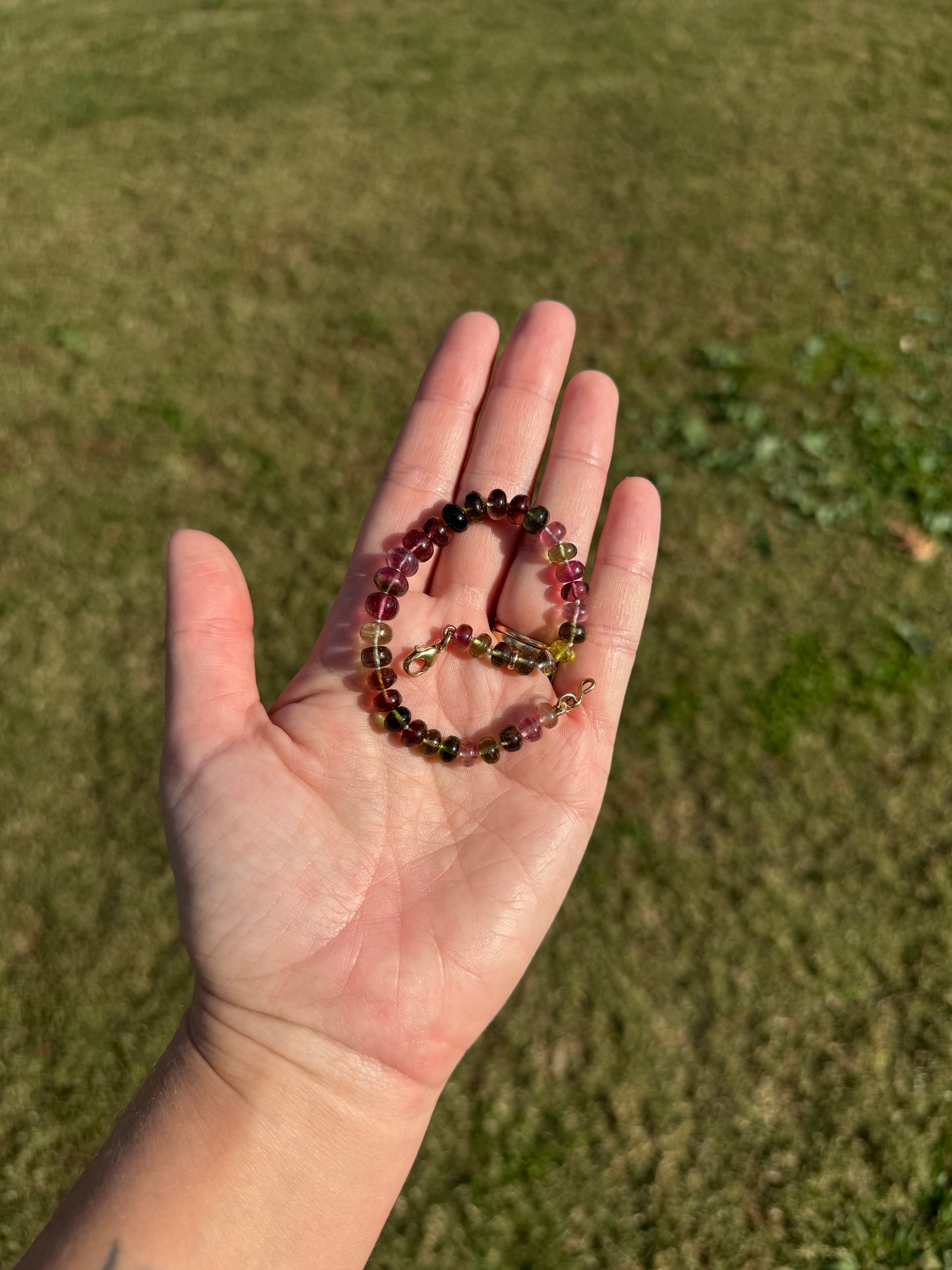 Tourmaline Knotted Gemstone Bead Bracelet 14k Solid Gold