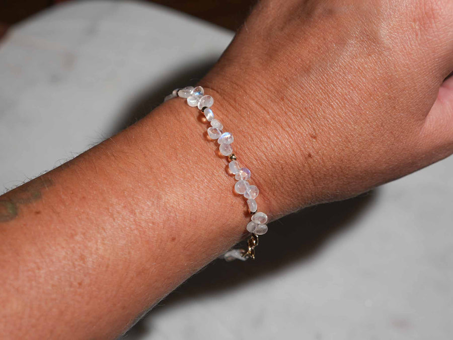 Moonstone Petal Beaded Bracelet 14k, handmade by Brittany Myra Jewelry