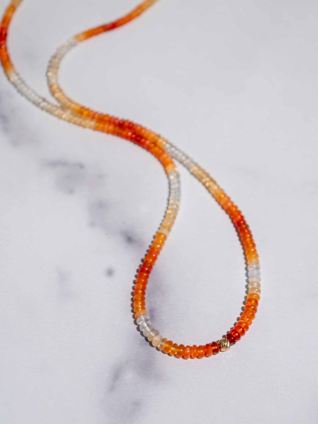 Mexican Fire Opal Beaded Gemstone Necklace in 14k Gold, a close look at the stones