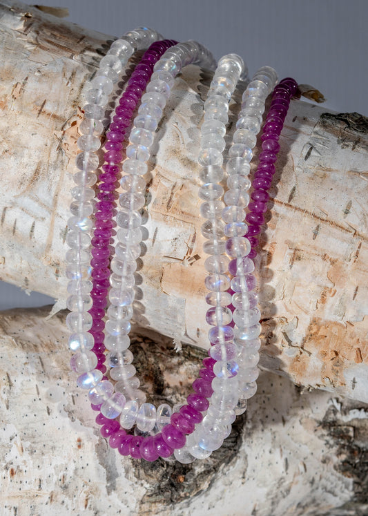 Triple Strand Precious Ruby and Rainbow Moonstone Beaded Necklace 18k