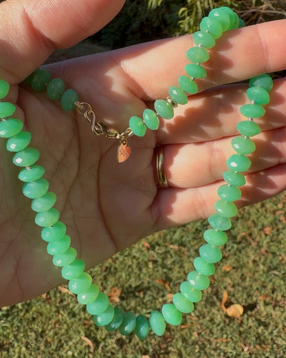 Apple Green Chrysoprase Faceted Saucer Hand Knotted Necklace in 14k Solid Gold
