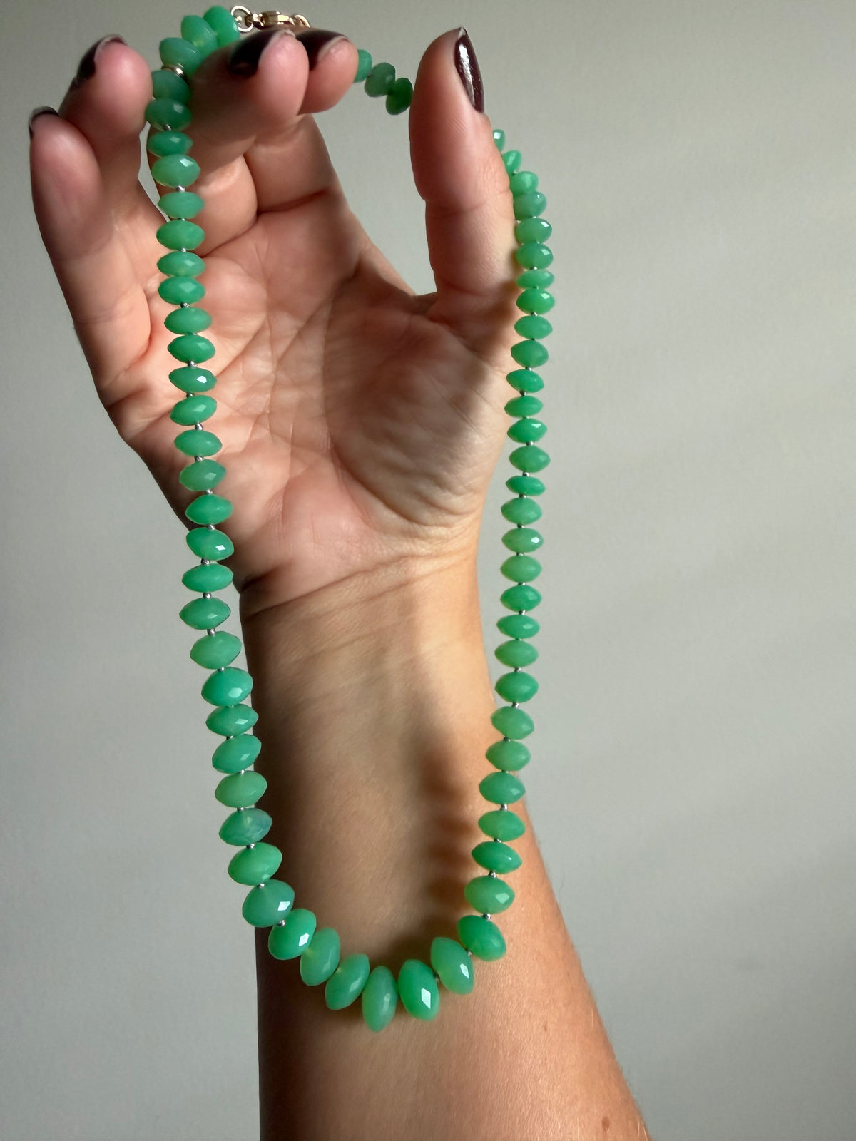 Apple Green Chrysoprase Faceted Saucer Hand Knotted Necklace in 14k Solid Gold