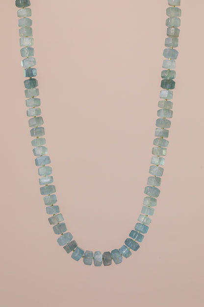 Lake Waters - Mossy Aquamarine Crystal Cut Knotted Gemstone Necklace in Sterling Silver, 14k White Gold