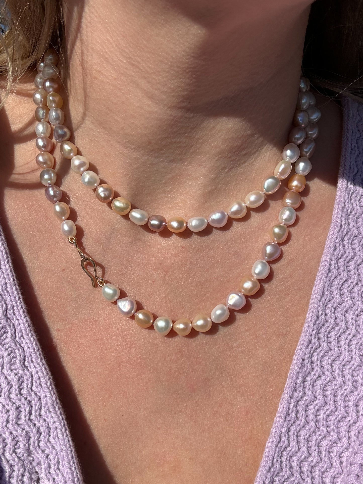 Long Tri Color Freshwater Pearls 34" Knotted Necklace
