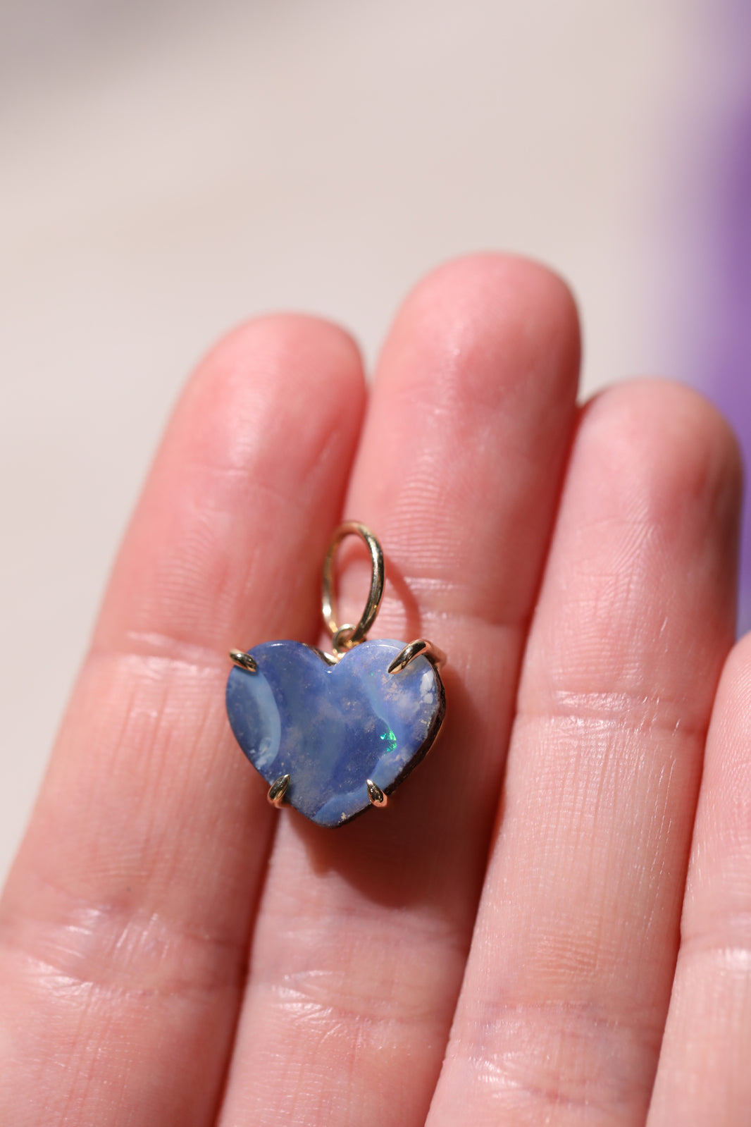 Australian Blue Boulder Opal Heart Charm, 14k Gold, a close look at the stones