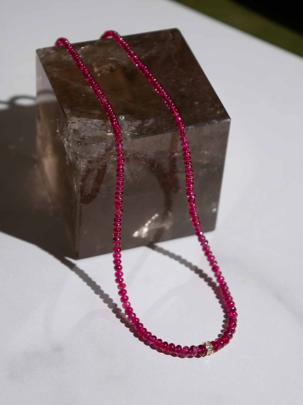 Red Spinel Bead Necklace with Diamond Rondelle | 14k Gold | Unheated Natural, a close look at the stones
