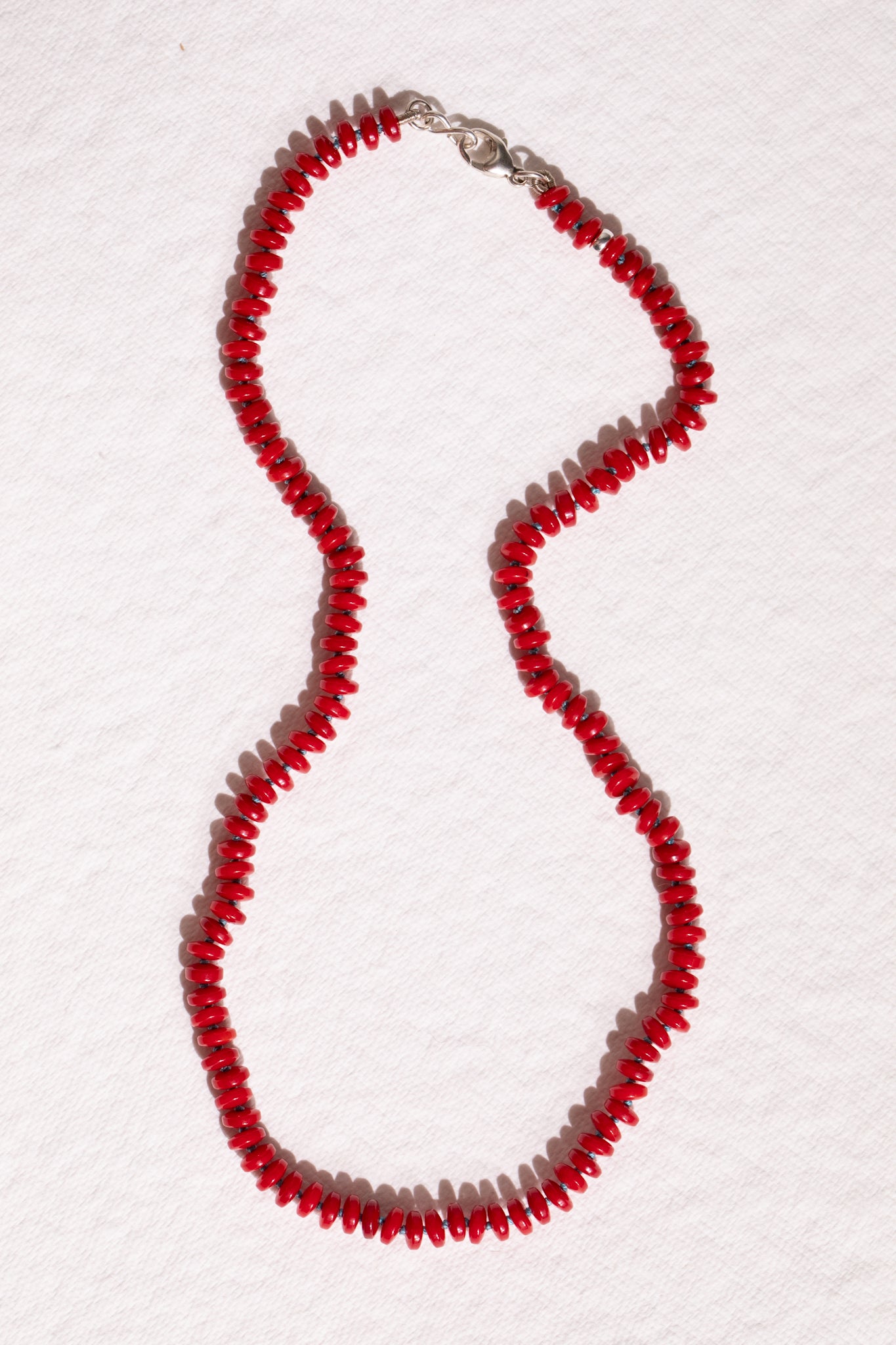 Red Bamboo Coral Knotted Bead Strand, Sterling Silver