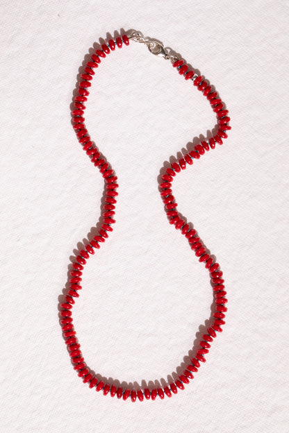 Red Bamboo Coral Knotted Bead Strand, Sterling Silver