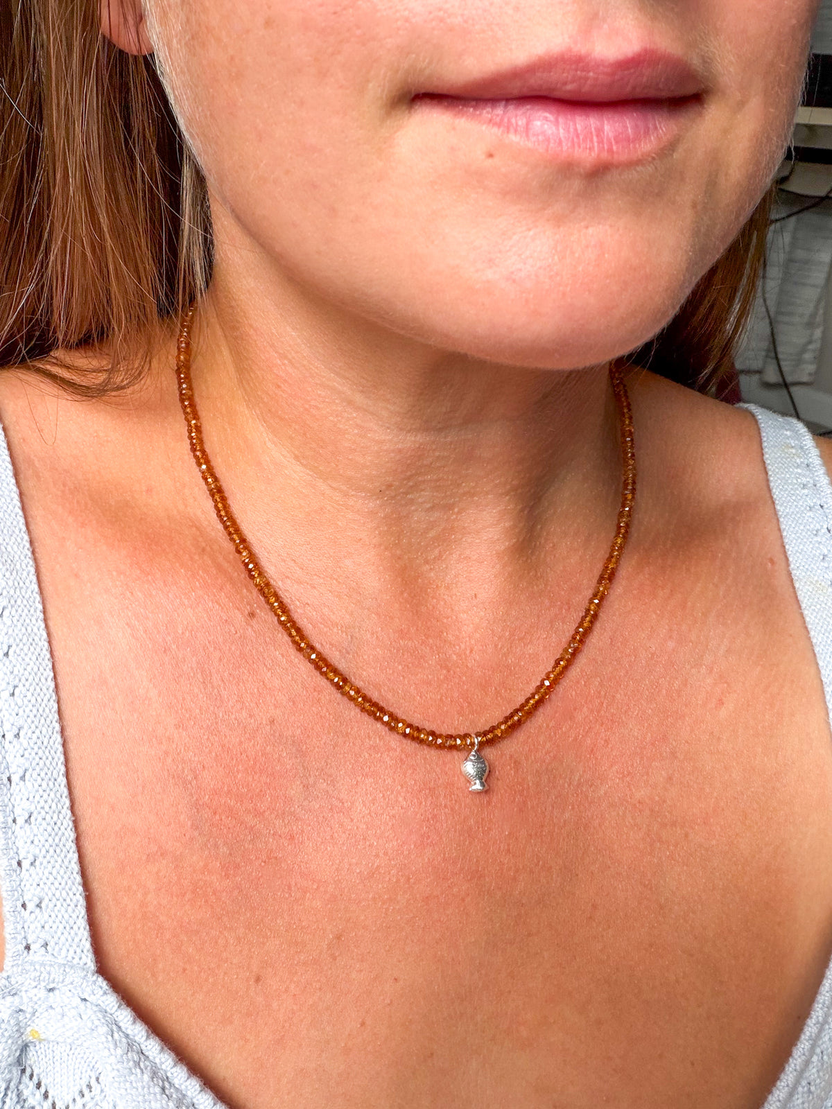Spessartite Garnet Worry Fish Necklace, Sterling Silver