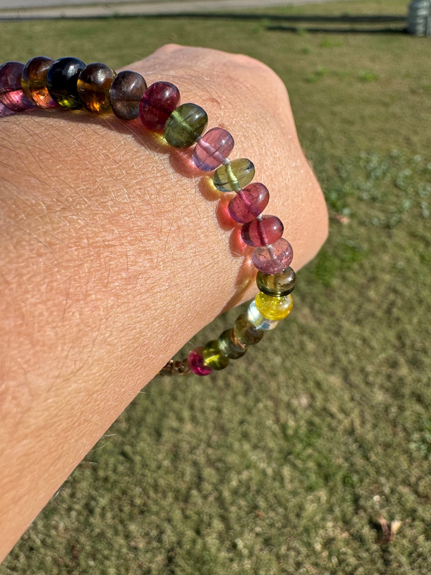 Tourmaline Knotted Gemstone Bead Bracelet 14k Solid Gold