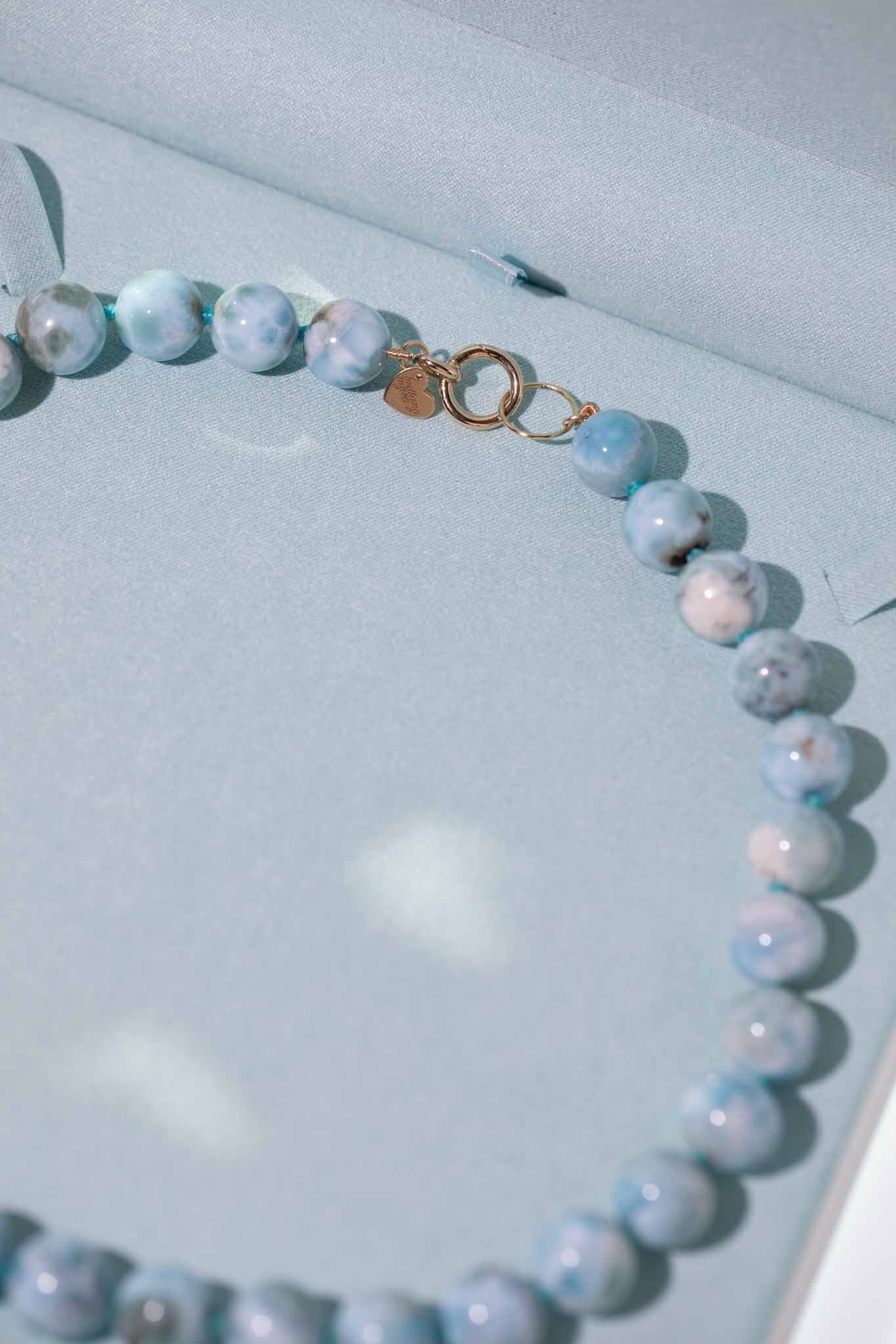 Natural Larimar Knotted Bead Necklace 14k