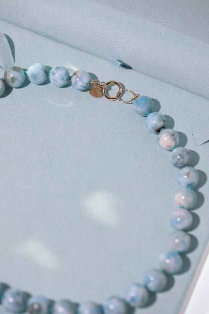Natural Larimar Knotted Bead Necklace 14k