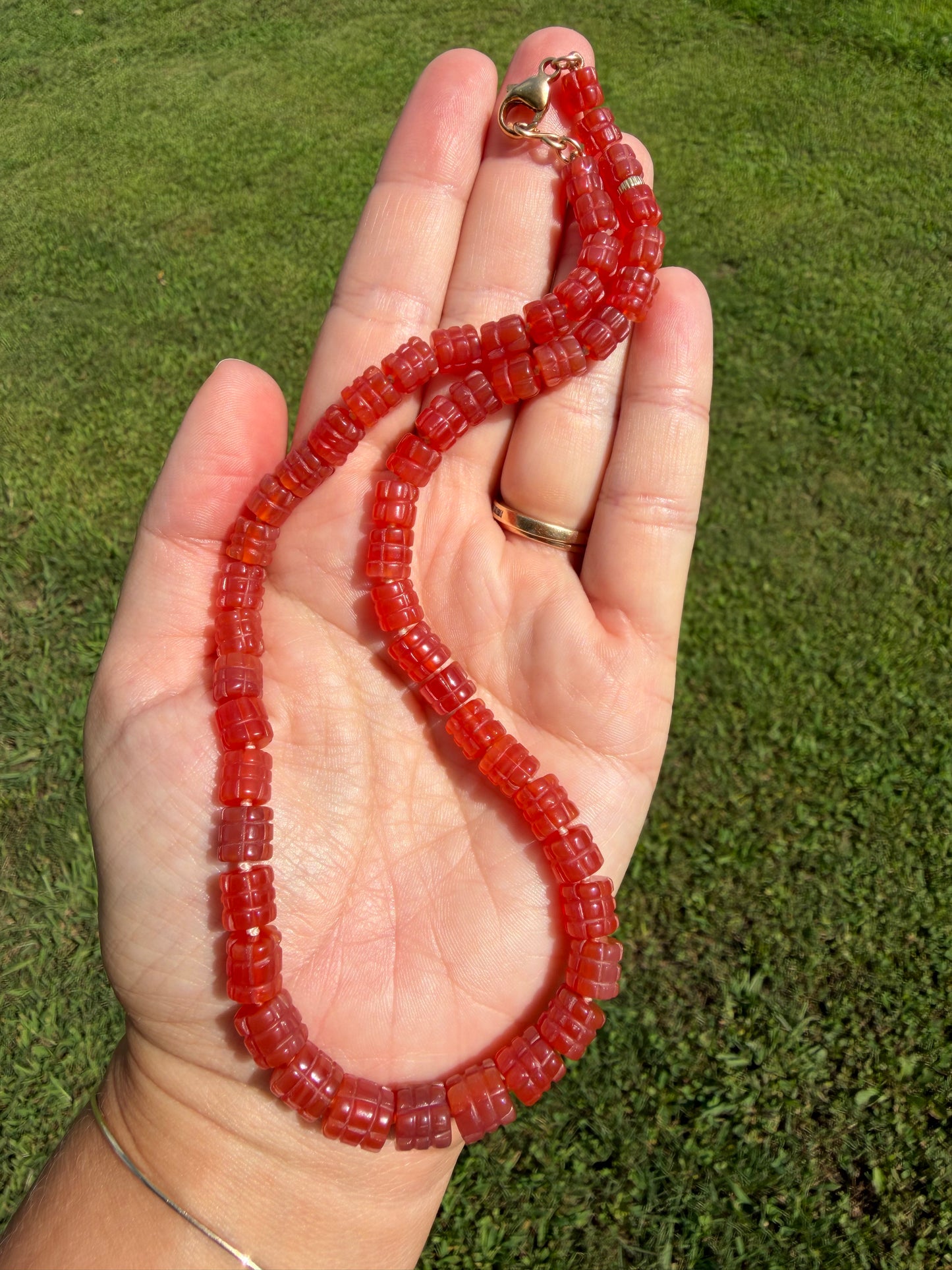 Glowing Carved Carnelian Knotted Bead Necklace 14k Gold Filled