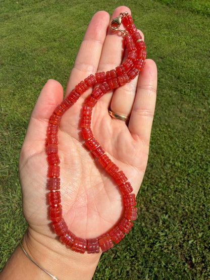 Glowing Carved Carnelian Knotted Bead Necklace 14k Gold Filled