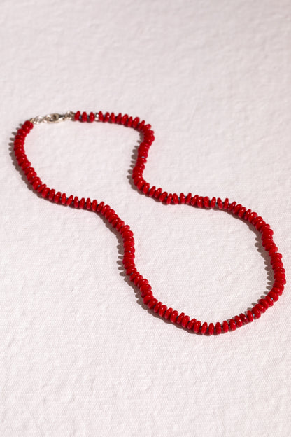 Red Bamboo Coral Knotted Bead Strand, Sterling Silver