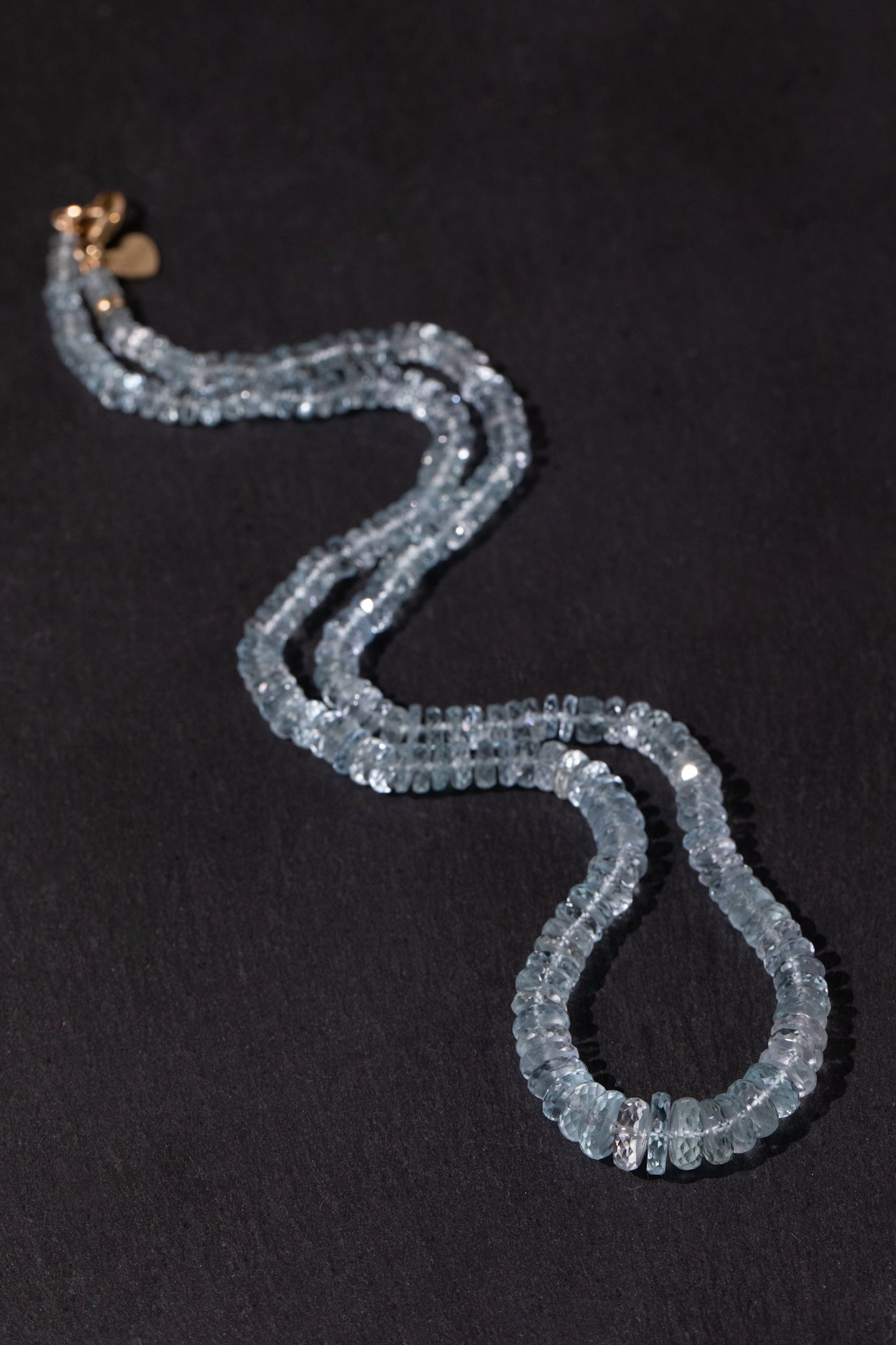 Aquamarine Faceted Heishi Silk-Knotted Gemstone Beaded Necklace 14k Gold