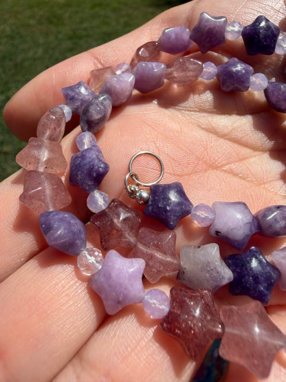 Lepidolite and Strawberry Quartz Puffy Stars beaded necklace Sterling silver