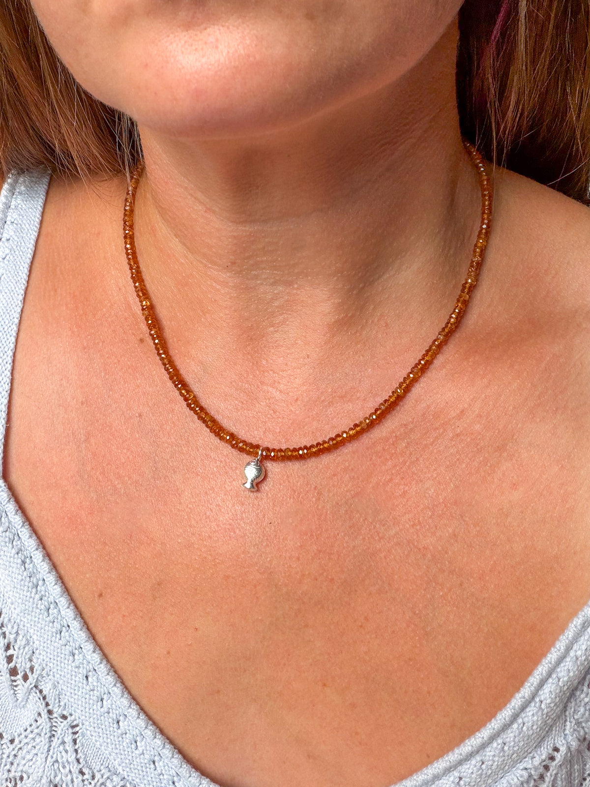 Spessartite Garnet Worry Fish Necklace, Sterling Silver