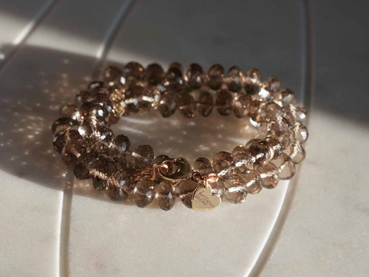 Smoky Quartz Knotted Strand Necklace Solid Gold