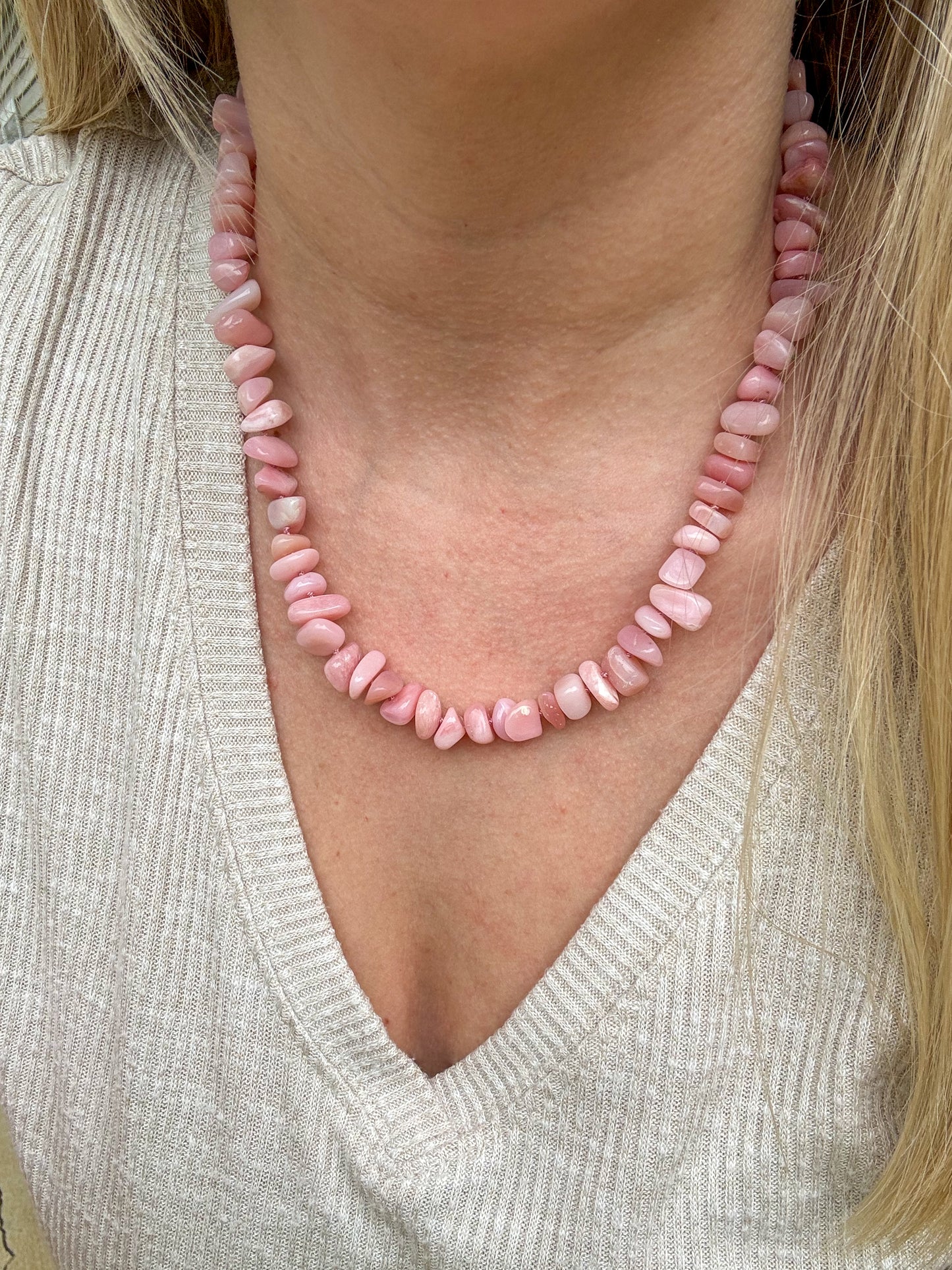 Pink Opal Nuggets Knotted Candy Necklace 14k