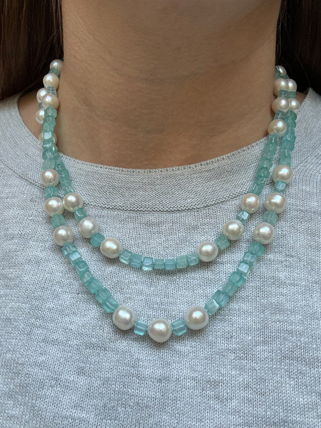 Soft Current, Blue Chalcedony and Pearl Strand in 14k Gold, a close look at the stones