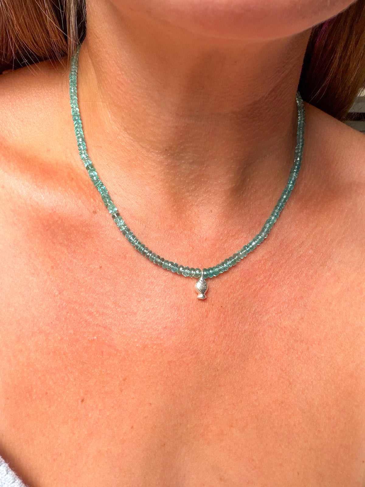 Made to Order: Caribbean Blue Apatite Worry Fish Necklace, Sterling Silver