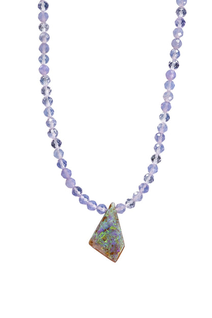 One of a Kind Australian Boulder Opal and Lavender Quartz Necklace 14k