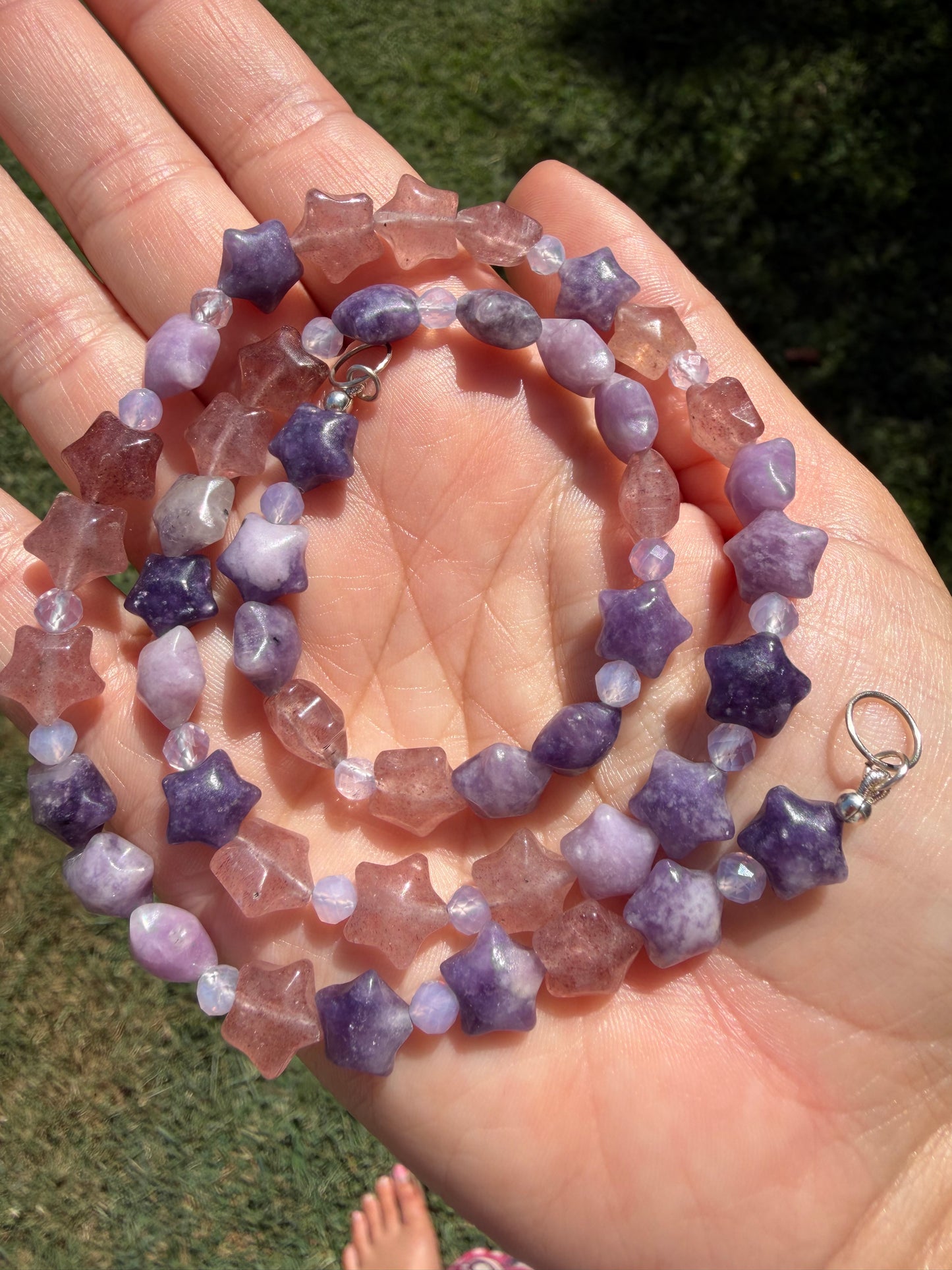 Lepidolite and Strawberry Quartz Puffy Stars beaded necklace Sterling silver