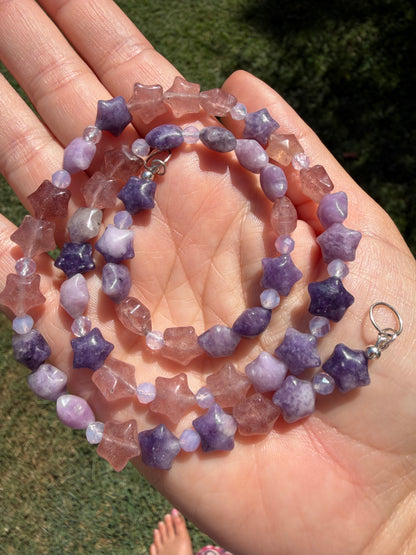 Lepidolite and Strawberry Quartz Puffy Stars beaded necklace Sterling silver