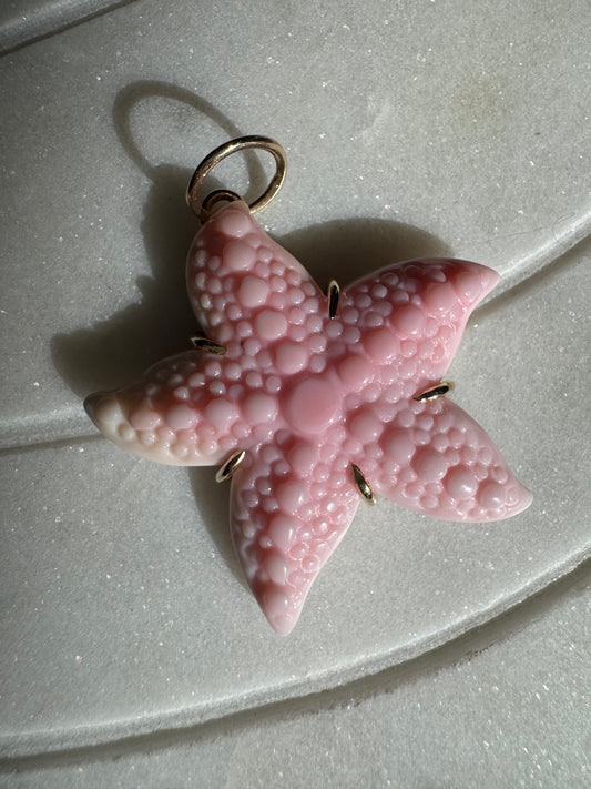 Pink star-shaped object on a textured surface queen conch starfish oendant 14karat gold
