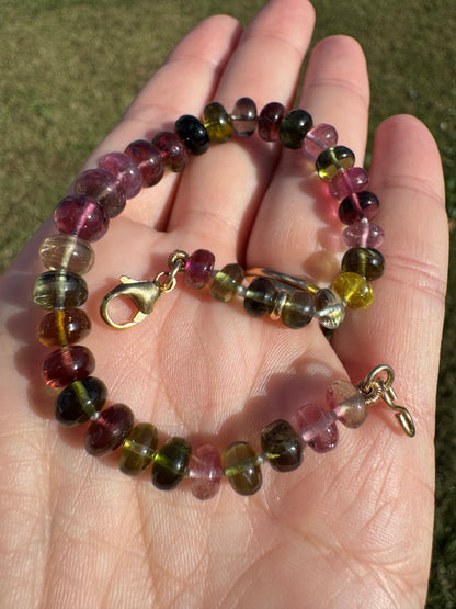 Tourmaline Knotted Gemstone Bead Bracelet 14k Solid Gold