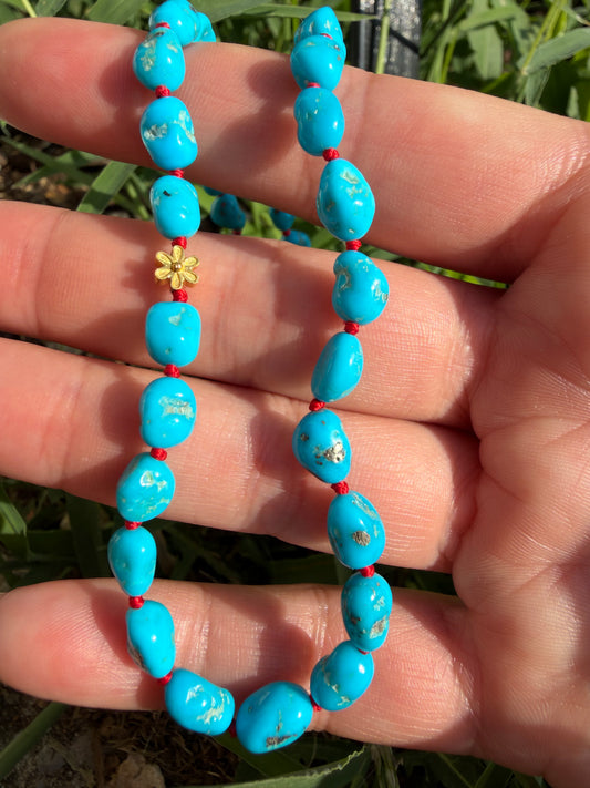 Sleeping Beauty Turquoise Knotted Gem Necklace, 18K Daisy Accent