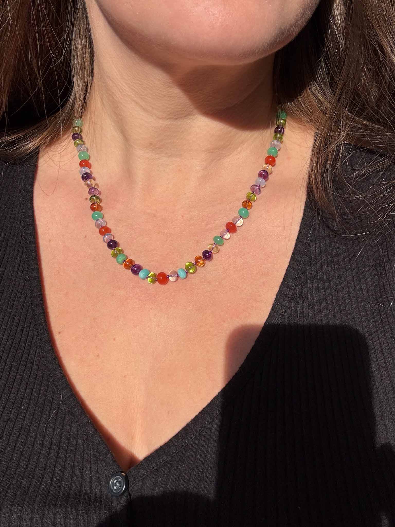 Prism Burst III - Mixed Gemstone Knotted Candy Necklace 14k