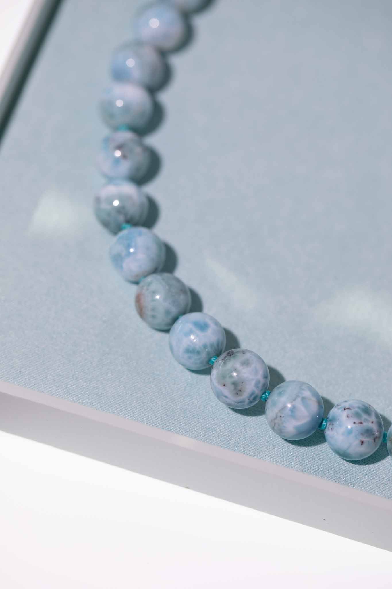 Natural Larimar Knotted Bead Necklace 14k