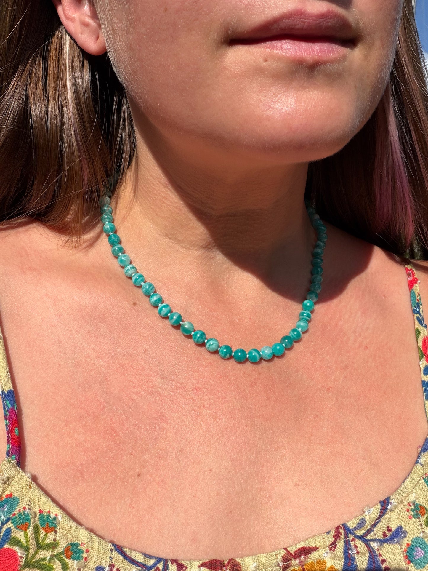 Russian Amazonite Knotted Gemstone Necklace 14k