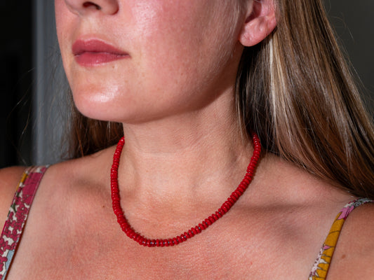 Red Bamboo Coral Knotted Bead Strand, Sterling Silver