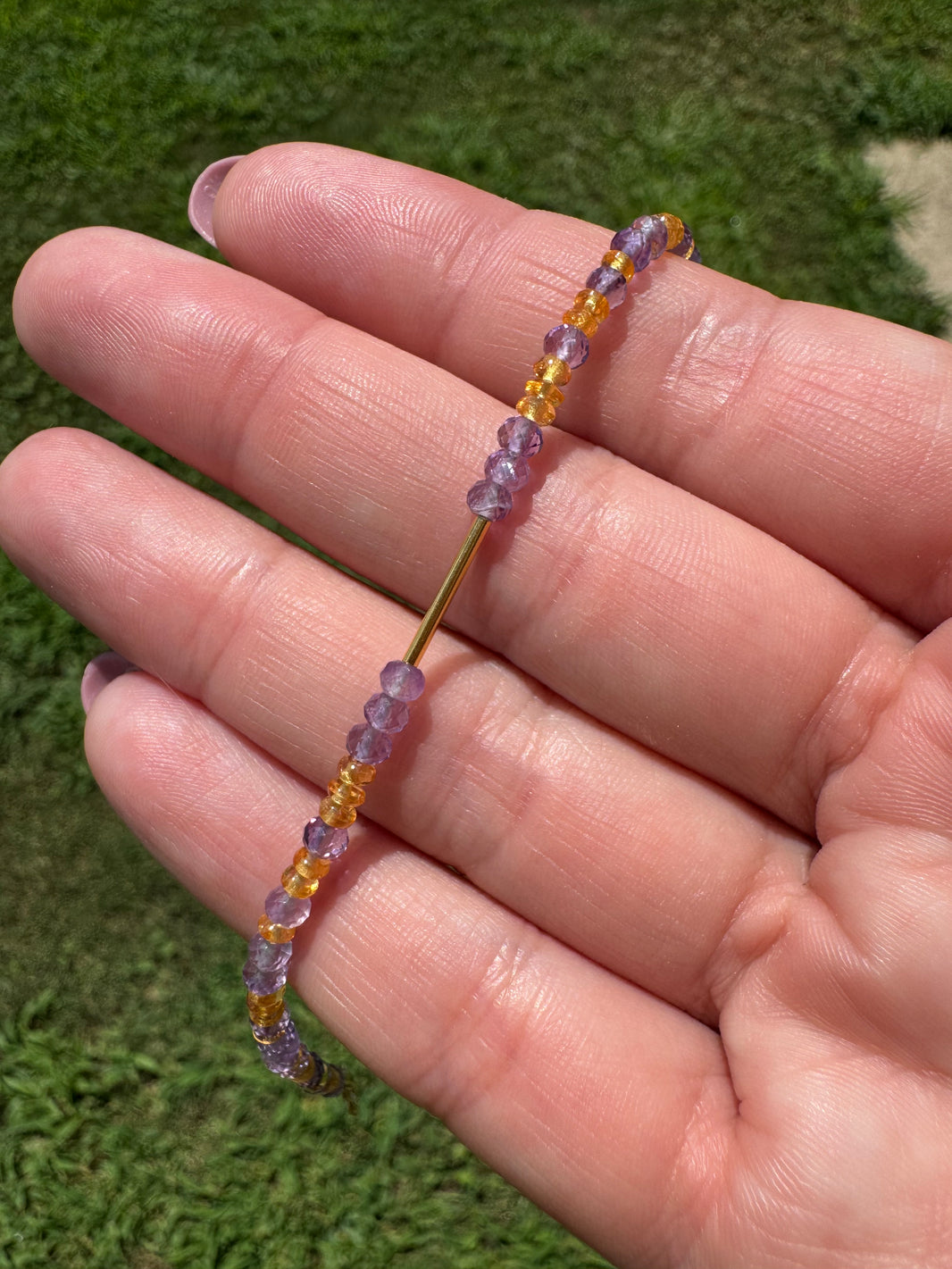 Scattered Light Bracelet 18k gold accent, Mandarin Garnet and Rose de France Amethyst, 14k clasp, a close look at the stones