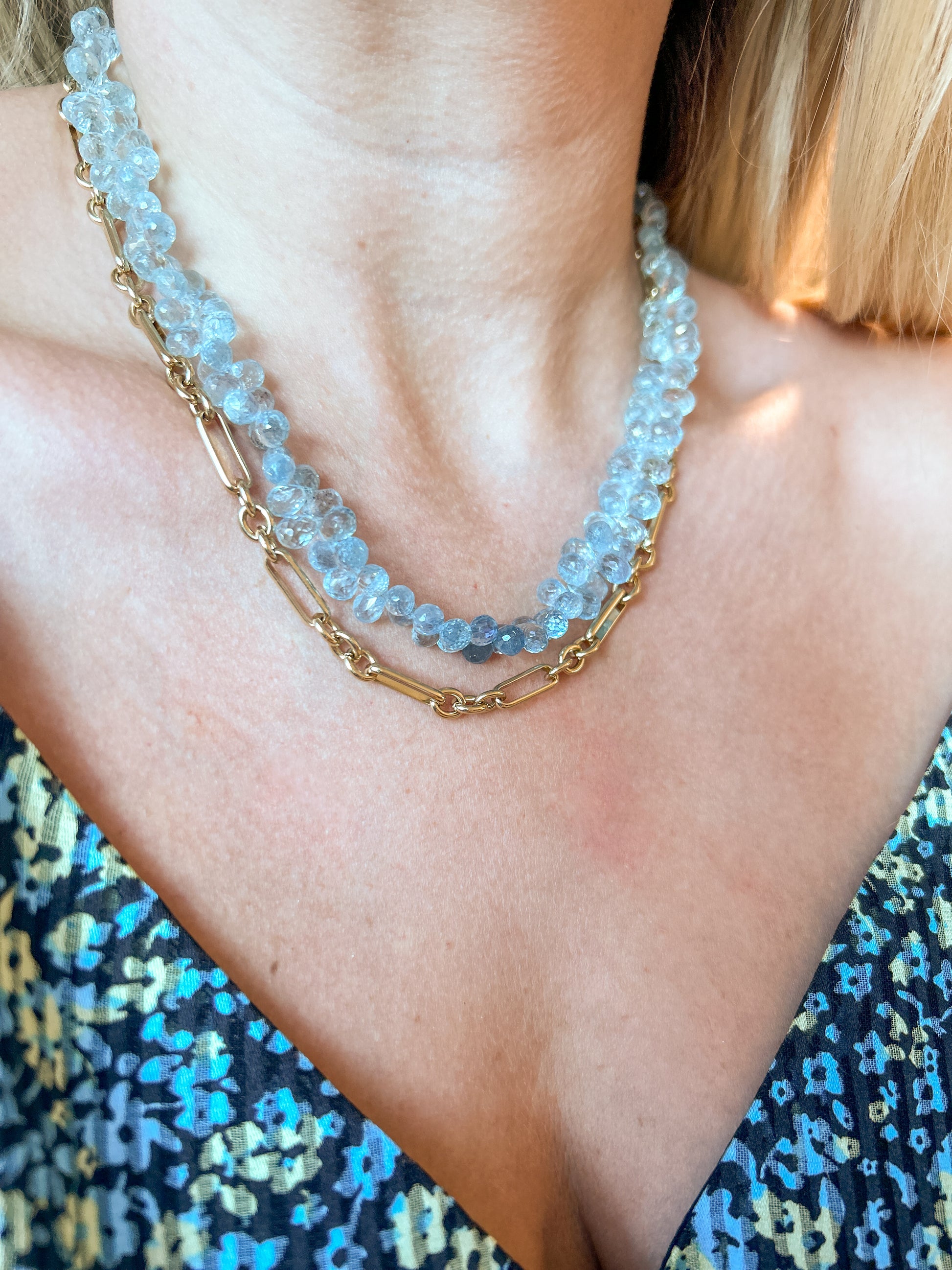 Aquamarine Briolette Beaded Necklace, Elsa Aquamarine Drops Beaded Necklace, March Birthstone Necklace, Blue, unique jewelry