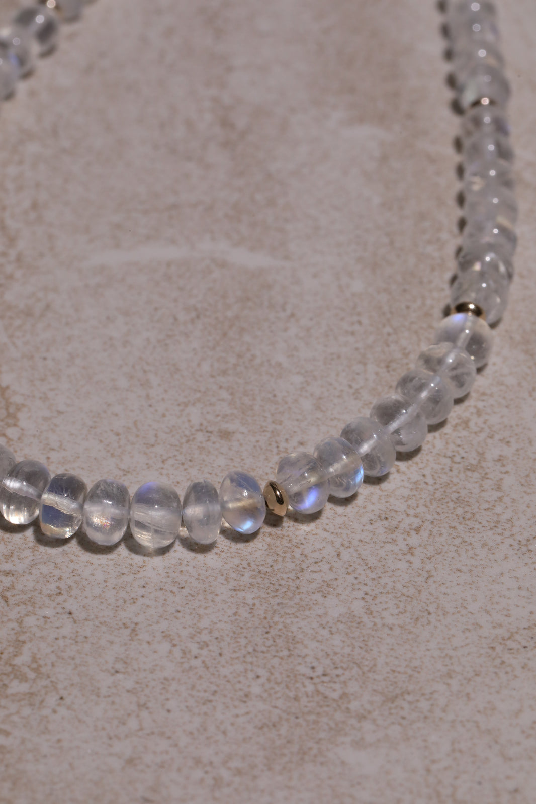 Day Glow, Rainbow Moonstone Strand in 14k Gold, a close look at the stones