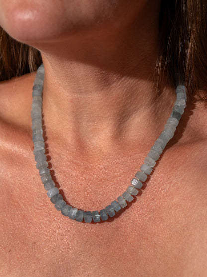 Lake Waters - Mossy Aquamarine Crystal Cut Knotted Gemstone Necklace in Sterling Silver, 14k White Gold