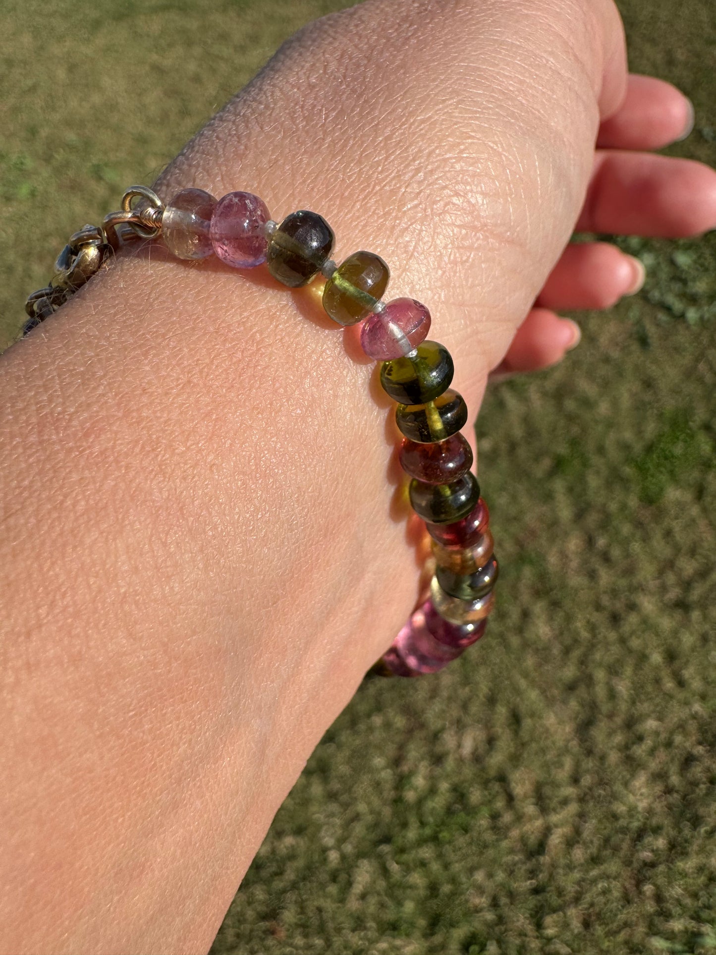 Tourmaline Knotted Gemstone Bead Bracelet 14k Solid Gold