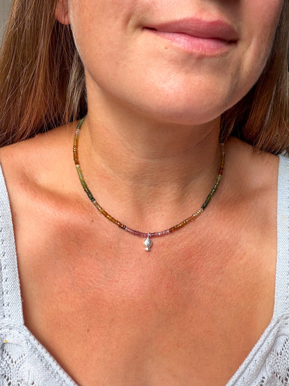 Multicolor Jewel-toned Tourmaline Worry Fish Necklace, Sterling Silver