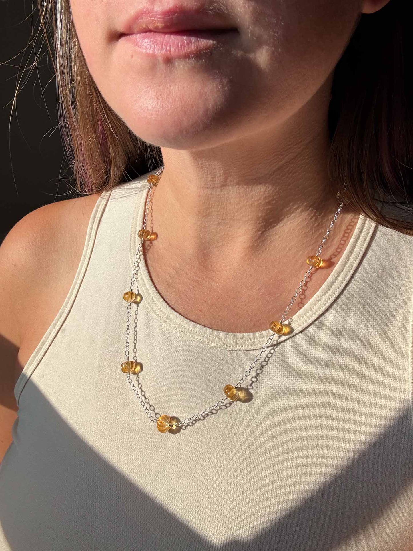 Citrine Pumpkin Layering Necklace, Wire Wrapped