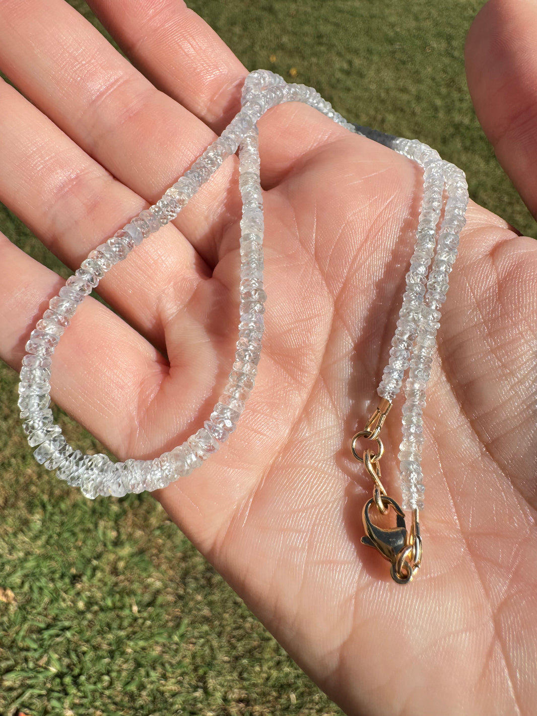 Powder Blue Sapphire Beaded Gemstone Necklace in 14k Gold, a close look at the stones